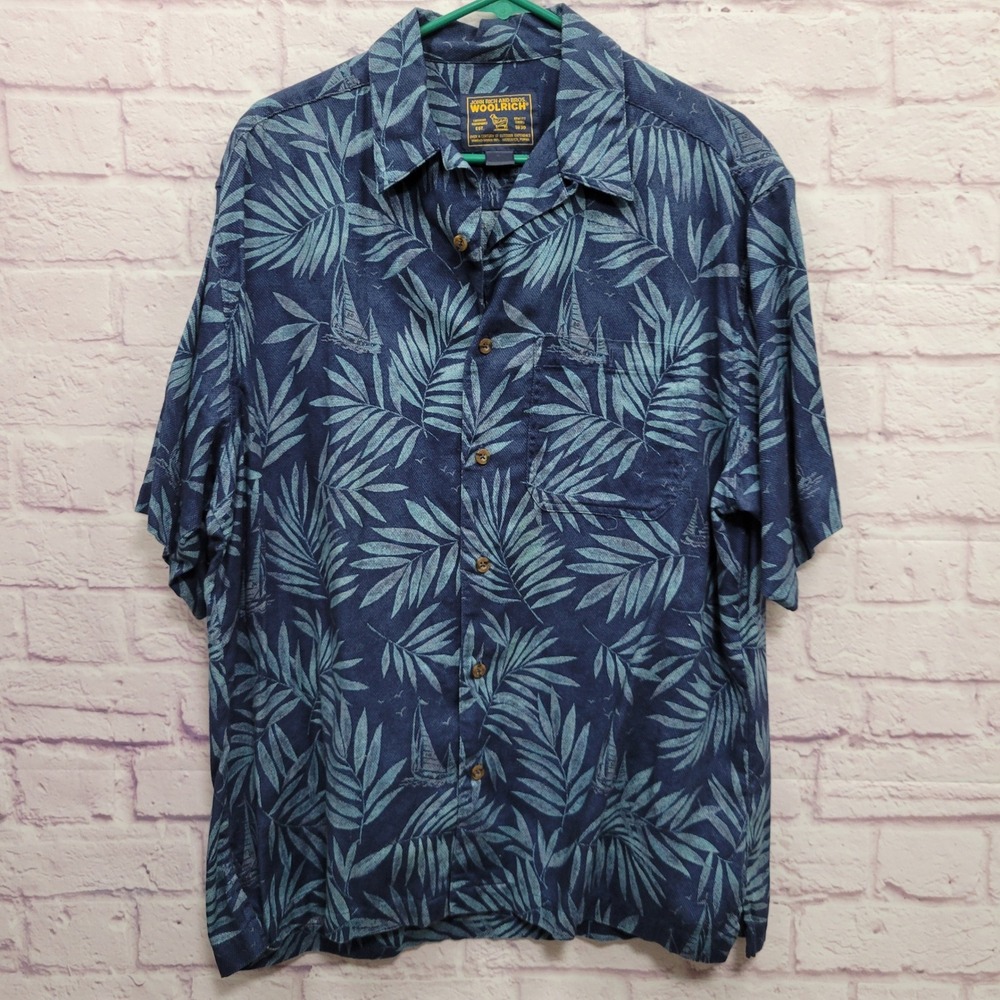 Woolrich Blue Palm Leaf Hawaiian Shirt XL Textured Tropical Summer Gorpcore Camp